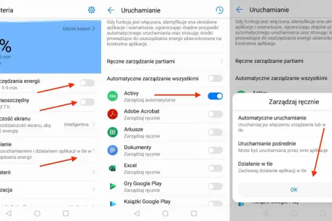 Ekran pokazuje, jak wyłączyć optymalizację baterii, zarządzając ręcznie uruchamianiem aplikacji.