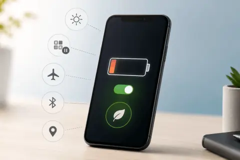Na ekranie iPhone'a widać ikonę baterii z niskim poziomem naładowania i włączony tryb oszczędzania energii.