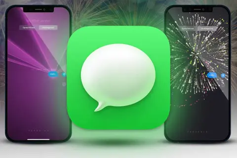Dwa telefony z efektami iMessage: jeden z fioletowymi promieniami, drugi z fajerwerkami. W tle fajerwerki.