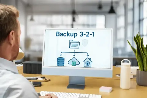Schemat backup 3-2-1 na ekranie komputera: trzy kopie danych, dwa różne nośniki, jedna kopia poza siedzibą.