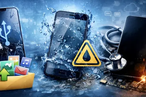 Uszkodzony telefon, zalany wodą, z symbolem ostrzegawczym. Jak zniszczyć telefon?