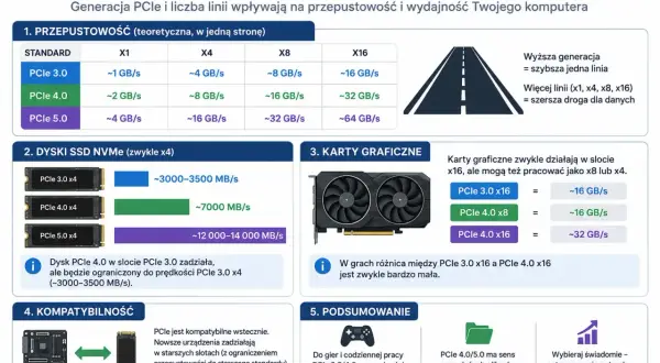 Porównanie przepustowości dysków SSD NVMe PCIe 3.0, 4.0 i 5.0. PCIe 5.0 oferuje prędkość dysku SSD do 14000 MB/s.