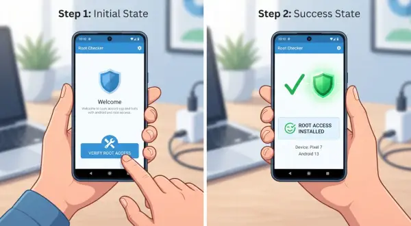 Dwie ręce trzymają telefony. Na pierwszym ekranie "Root Checker" prosi o weryfikację dostępu, na drugim pokazuje "ROOT ACCESS INSTALLED". Zastanawiasz się, dlaczego wyrzuca mnie z aplikacji na telefonie?