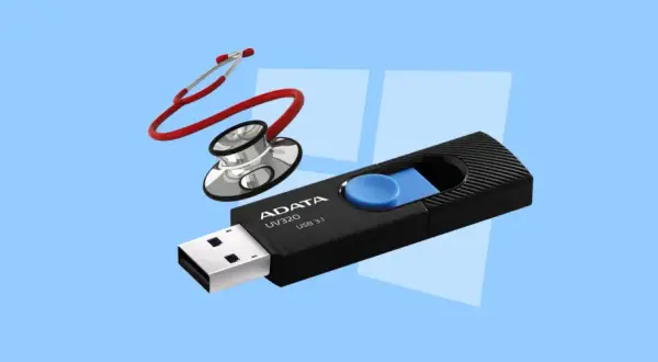 Pendrive ADATA UV320 USB 3.1 i stetoskop na jasnoniebieskim tle.