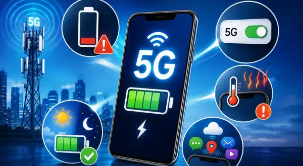 Czy 5G zużywa więcej baterii? Ikony pokazują niski poziom baterii, przegrzewanie i szybkie rozładowanie, ale też tryb nocny i dzienny z pełną baterią.