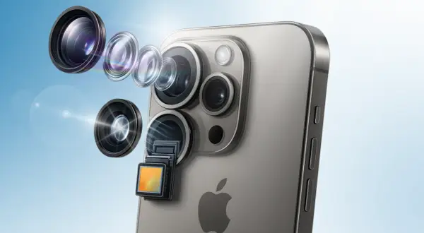 Rozłożony moduł aparatu iPhone'a, pokazujący, jak włączyć kamerę w telefonie, by uchwycić każdy szczegół.
