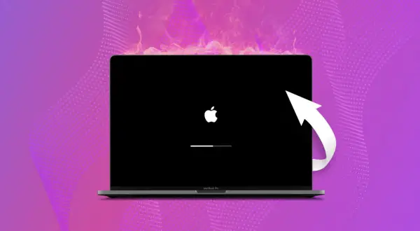 MacBook z jabłuszkiem i paskiem postępu, symbolizujący reset laptopa. Biała strzałka sugeruje proces odzyskiwania.
