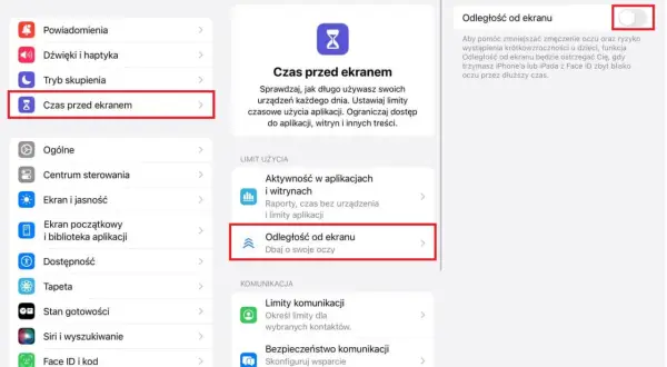 Ustawienia iPhone'a: "Czas przed ekranem" i "Odległość od ekranu" dla ochrony wzroku.