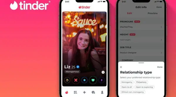 Jak zablokować kogoś na Tinderze? Aplikacja pokazuje profil użytkowniczki Liz i opcje edycji, w tym typ relacji.