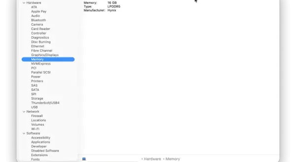 Jak sprawdzić pamięć na Macu: 16 GB LPDDR5 Hynix. Widok szczegółów sprzętu w systemie macOS.