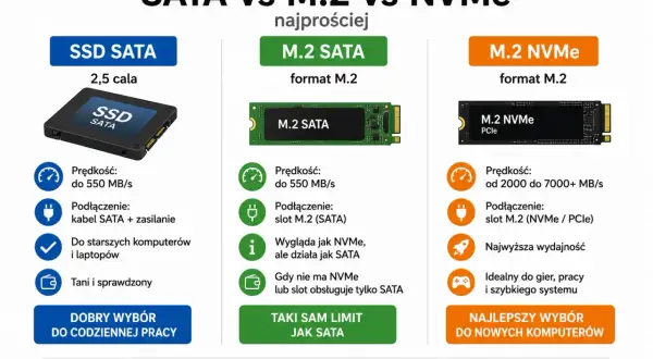 Porównanie dysków SSD: SATA (2,5 cala, prędkość do 550 MB/s), M.2 SATA (format M.2, prędkość do 550 MB/s) i M.2 NVMe (format M.2, prędkość od 2000 MB/s).