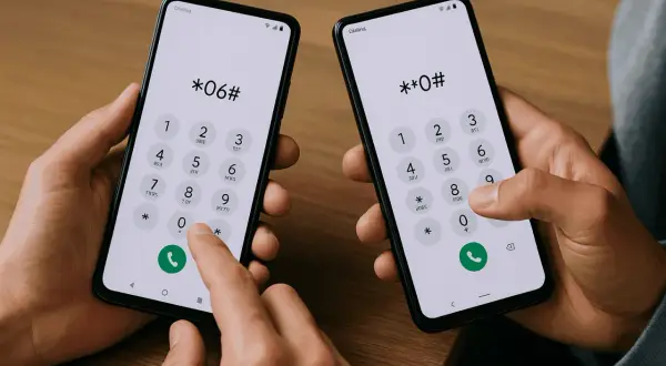 Dwie dłonie trzymają telefony Samsung. Na ekranach widnieje kod *#06#, służący do sprawdzenia numeru IMEI.