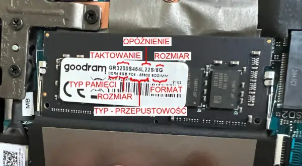 Jak zwiększyć RAM w laptopie? Na module pamięci DDR4 widać oznaczenia: opóźnienie, taktowanie, rozmiar, typ pamięci, format i przepustowość.