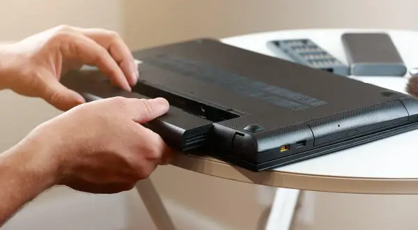 Dłonie wyjmują baterię z laptopa. Dowiedz się, jak sprawdzić kondycję baterii w laptopie, by cieszyć się dłuższym czasem pracy.
