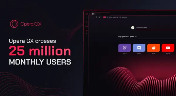 Historia Opera GX: 25 milionów graczy miesięcznie. Widok przeglądarki z ikonami Twitch, Discord, Reddit, YouTube.