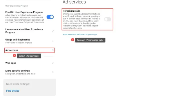 Ustawienia prywatności Xiaomi: personalizacja reklam. Wyłącz spersonalizowane reklamy, aby przestać otrzymywać dopasowane oferty.