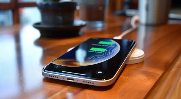 Smartfon ładuje się bezprzewodowo na podstawce. To jeden ze sposobów, jak szybko naładować telefon, gdy potrzebujesz energii.