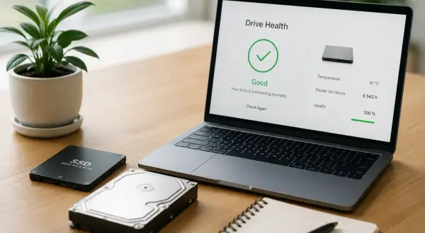 Laptop pokazuje "Drive Health: Good" - sprawdzanie kondycji komputera. Obok dyski SSD i HDD.