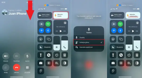 Na ekranie iPhone'a widać menu telefonu z aktywną opcją izolacja głosu, która poprawia jakość dźwięku podczas rozmów.