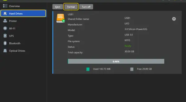 Dysk USB1 ma system plików NTFS. Można go sformatować, wybierając opcję "Format", zamiast np. exFAT.