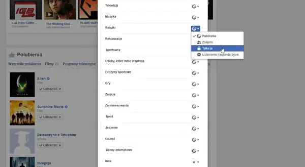 Jak ukryć polubienia na FB: na ekranie widzimy menu prywatności, gdzie zaznaczono opcję "Tylko ja" dla kategorii "Książki".