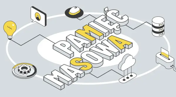 Grafika wyjaśnia, co to pamięć masowa, pokazując ikony: żarówka, chmura, dysk, myszka, drukarka, koło zębate.