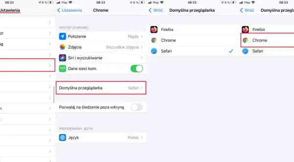Jak ustawić domyślną przeglądarkę na telefonie: wybierz Chrome z listy dostępnych aplikacji.