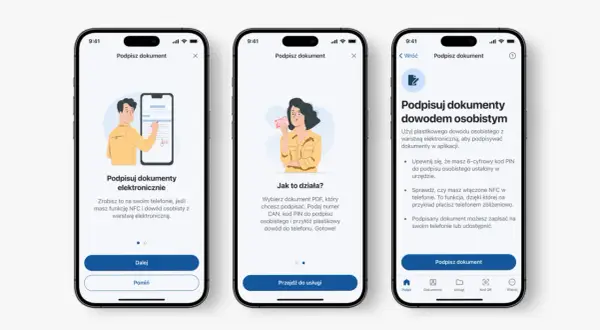 Jak zrobic mobywatel? Aplikacja pokazuje, jak podpisać dokumenty dowodem osobistym z warstwą elektroniczną, używając NFC w telefonie.