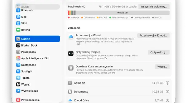Jak wyczyścić Maca? Ekran "Miejsce" w ustawieniach pokazuje zajętość dysku i sugeruje sposoby na zwolnienie miejsca, np. przez iCloud lub optymalizację.