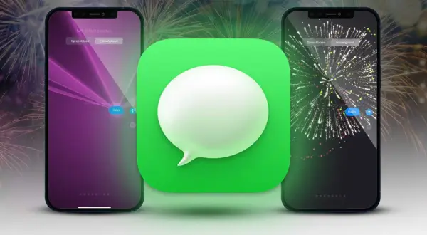 Dwa telefony z efektami iMessage: jeden z fioletowymi promieniami, drugi z fajerwerkami. W tle fajerwerki.