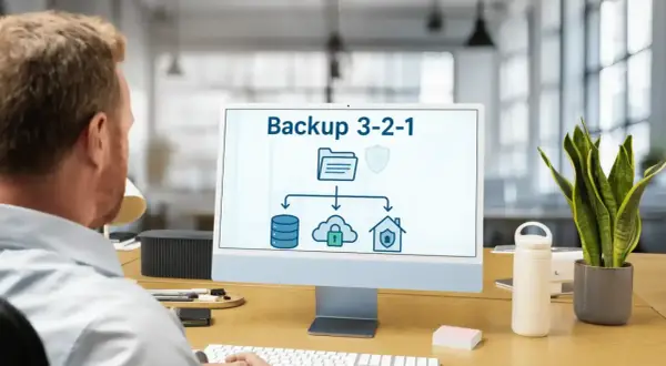 Schemat backup 3-2-1 na ekranie komputera: trzy kopie danych, dwa różne nośniki, jedna kopia poza siedzibą.