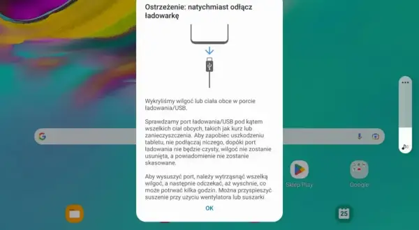 Komunikat Samsunga: wykryto wilgoć w porcie USB. Odłącz ładowarkę i poczekaj, aż port wyschnie.