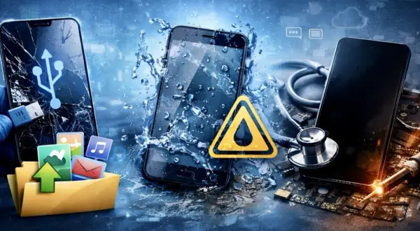 Uszkodzony telefon, zalany wodą, z symbolem ostrzegawczym. Jak zniszczyć telefon?