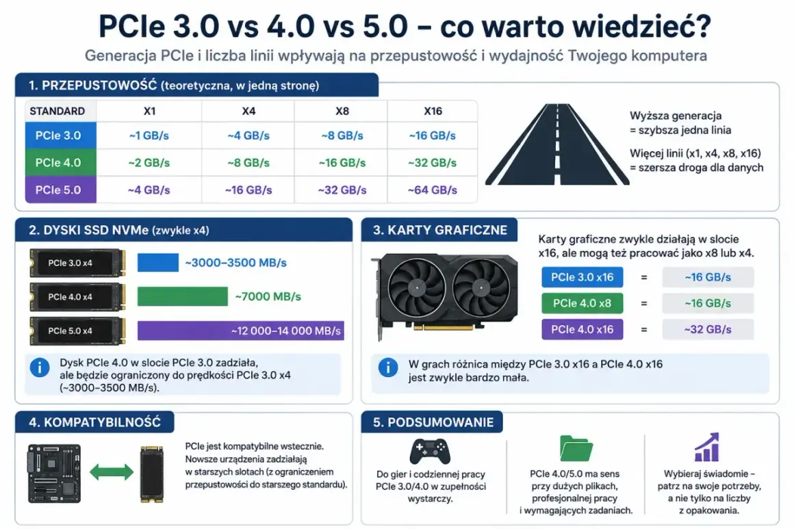 Porównanie przepustowości dysków SSD NVMe PCIe 3.0, 4.0 i 5.0. PCIe 5.0 oferuje prędkość dysku SSD do 14000 MB/s.
