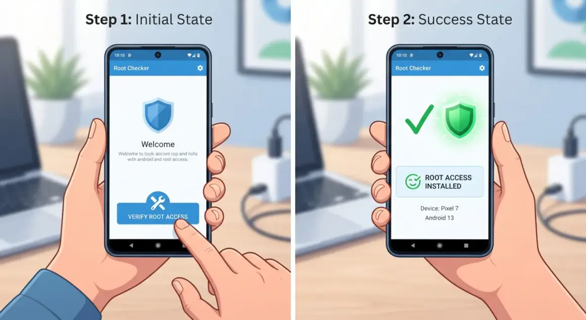 Dwie ręce trzymają telefony. Na pierwszym ekranie "Root Checker" prosi o weryfikację dostępu, na drugim pokazuje "ROOT ACCESS INSTALLED". Zastanawiasz się, dlaczego wyrzuca mnie z aplikacji na telefonie?