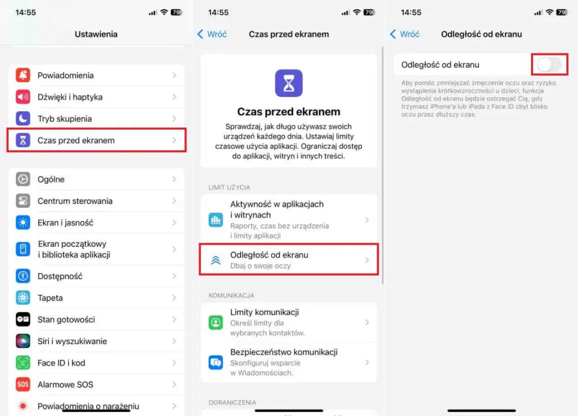 Ustawienia iPhone'a: "Czas przed ekranem" i "Odległość od ekranu" dla ochrony wzroku.