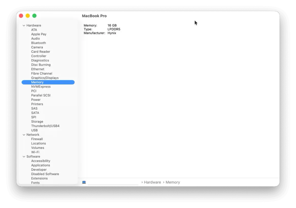 Jak sprawdzić pamięć na Macu: 16 GB LPDDR5 Hynix. Widok szczegółów sprzętu w systemie macOS.