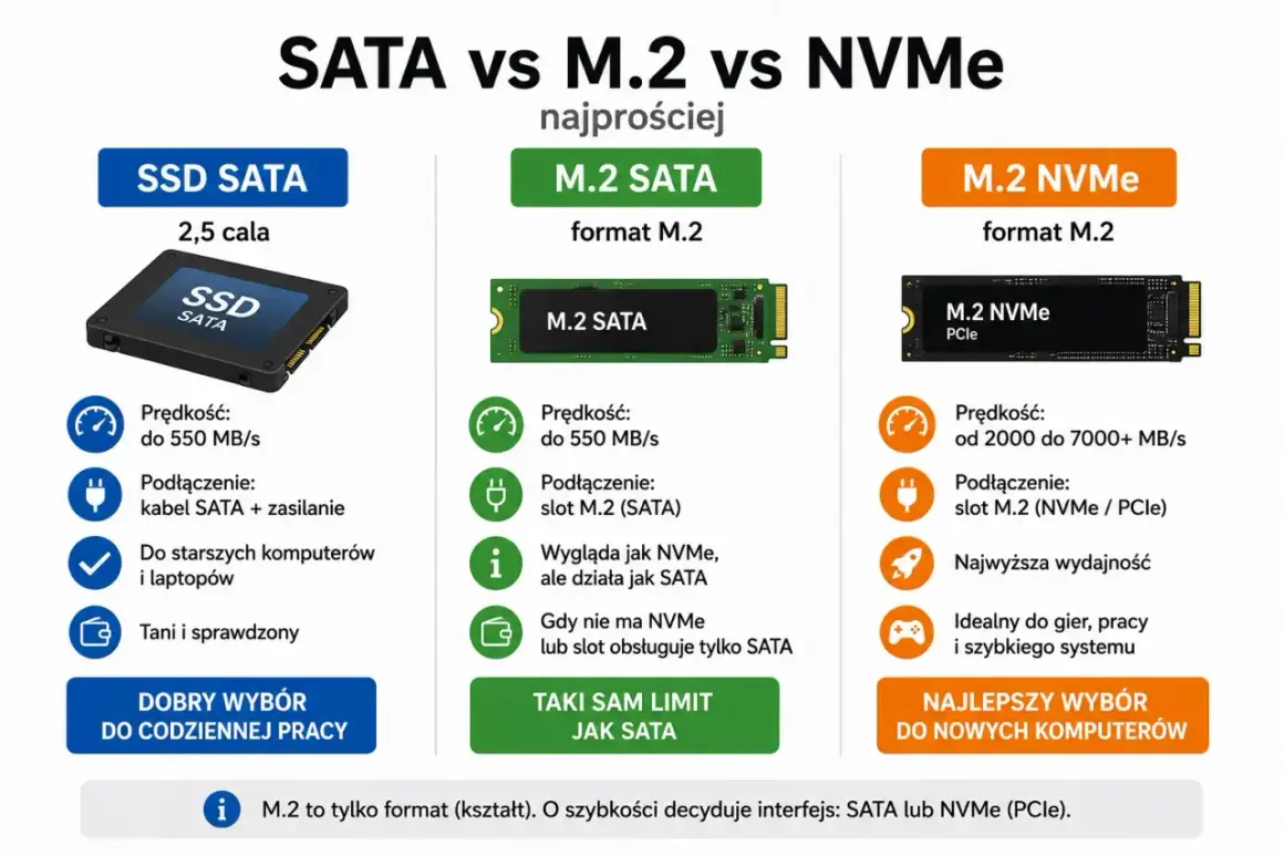 Porównanie dysków SSD: SATA (2,5 cala, prędkość do 550 MB/s), M.2 SATA (format M.2, prędkość do 550 MB/s) i M.2 NVMe (format M.2, prędkość od 2000 MB/s).