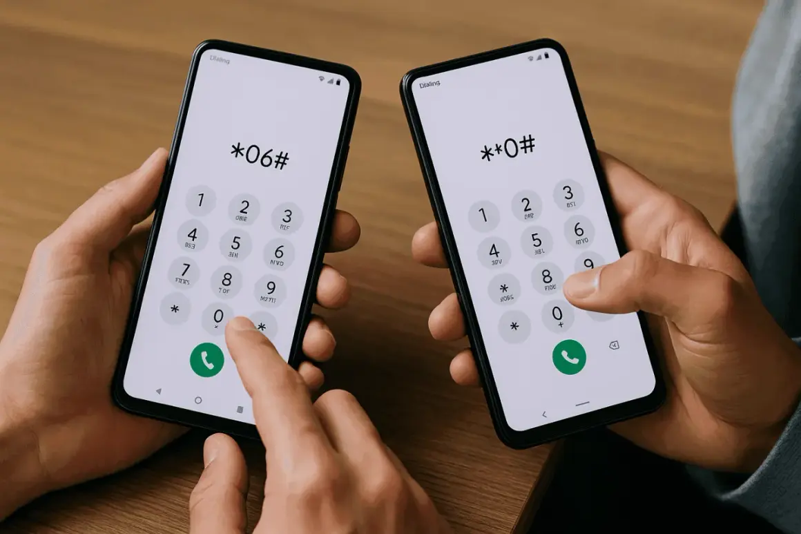 Dwie dłonie trzymają telefony Samsung. Na ekranach widnieje kod *#06#, służący do sprawdzenia numeru IMEI.