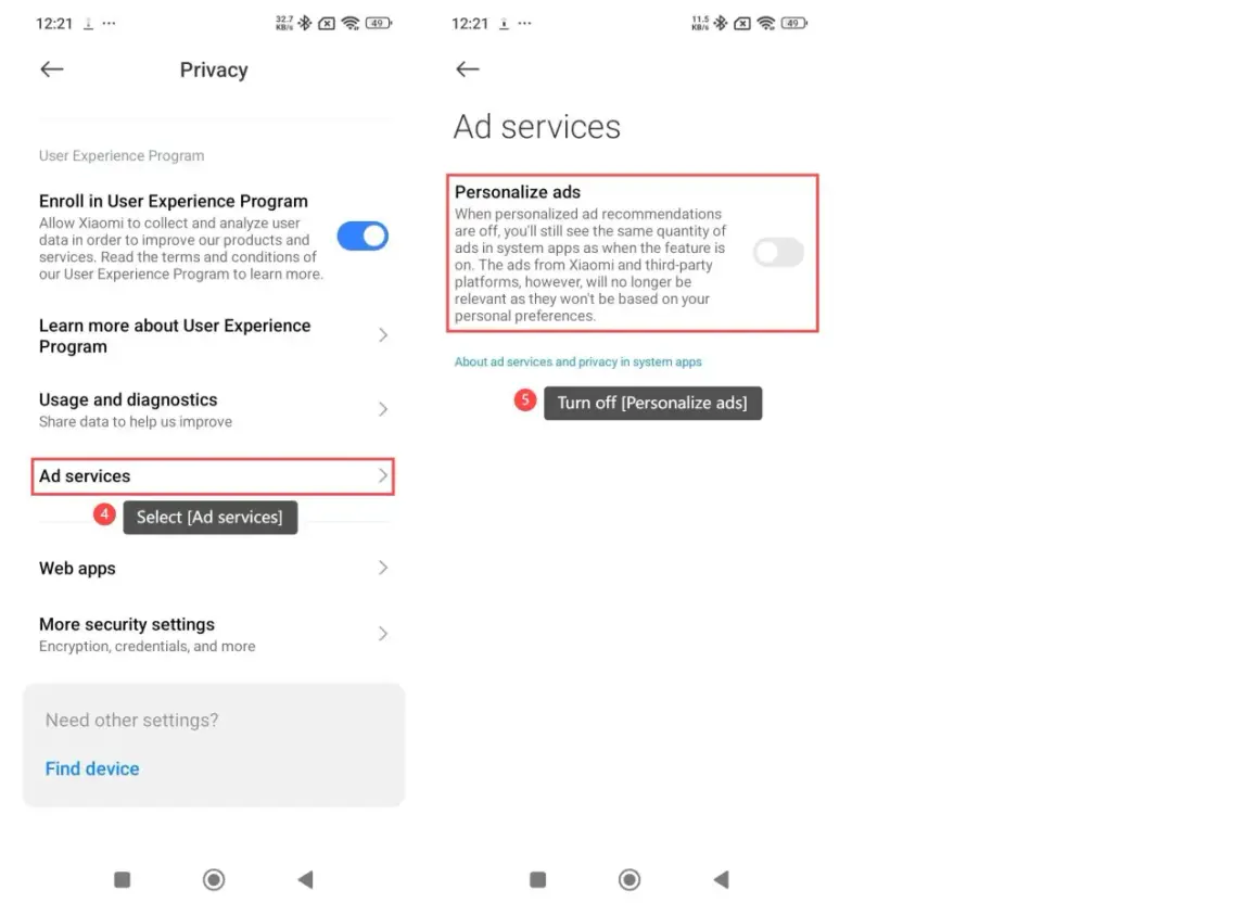 Ustawienia prywatności Xiaomi: personalizacja reklam. Wyłącz spersonalizowane reklamy, aby przestać otrzymywać dopasowane oferty.