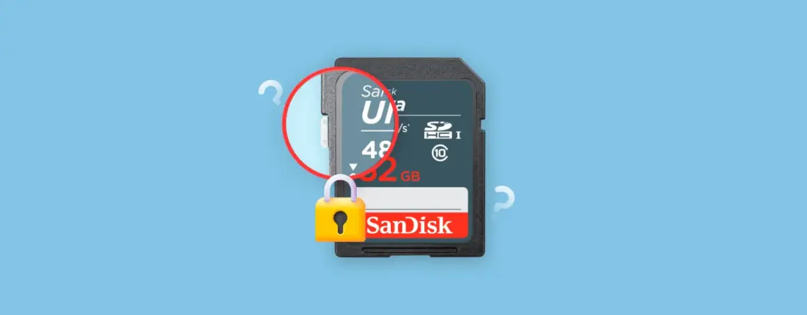 Karta SD SanDisk 32GB z przełącznikiem blokady w pozycji "zabezpieczony przed zapisem".