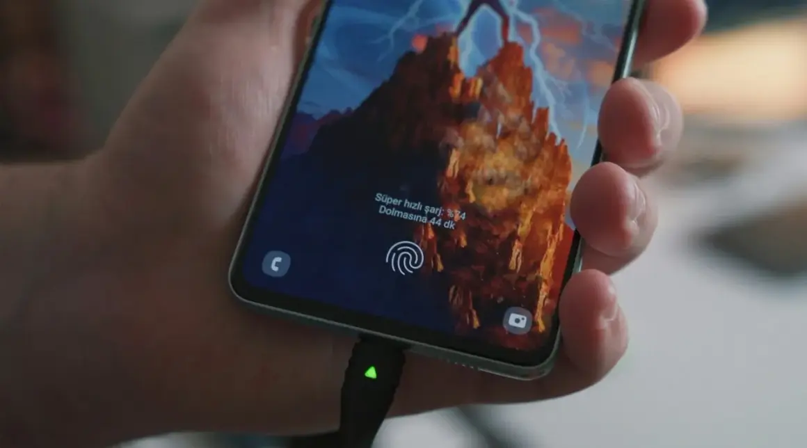 Dłoń trzyma smartfon z włączonym szybkim ładowaniem. Na ekranie widać informację o naładowaniu do 74% i szacowany czas do pełnego naładowania.
