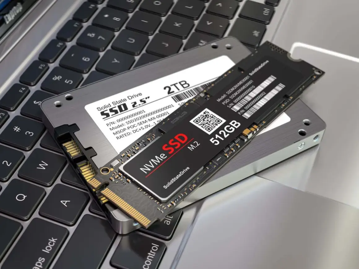 Dwa dyski SSD: 2,5-calowy NGFF i mniejszy NVMe M.2, leżące na klawiaturze laptopa.