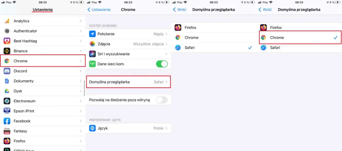 Jak ustawić domyślną przeglądarkę na telefonie: wybierz Chrome z listy dostępnych aplikacji.