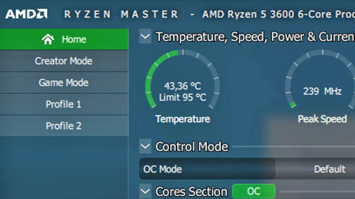 Monitorowanie temperatur procesora AMD Ryzen 5 3600. Aktualna temperatura to 43,36°C, limit 95°C. Widoczna prędkość szczytowa 239 MHz.