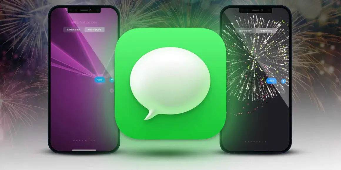 Dwa telefony z efektami iMessage: jeden z fioletowymi promieniami, drugi z fajerwerkami. W tle fajerwerki.