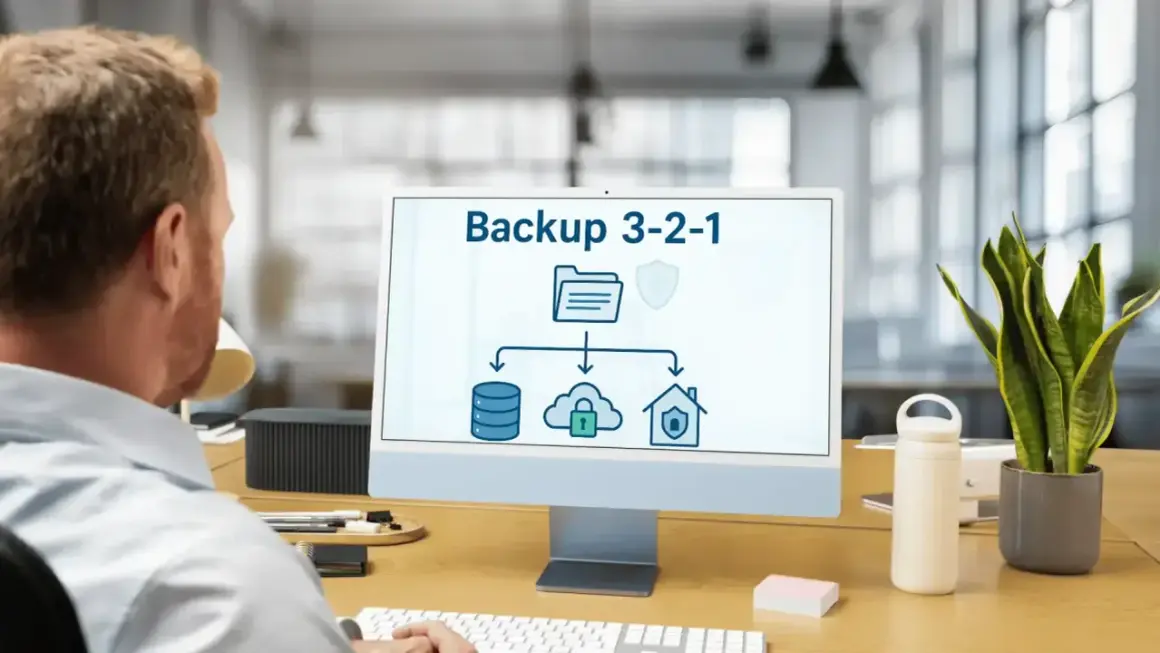 Schemat backup 3-2-1 na ekranie komputera: trzy kopie danych, dwa różne nośniki, jedna kopia poza siedzibą.
