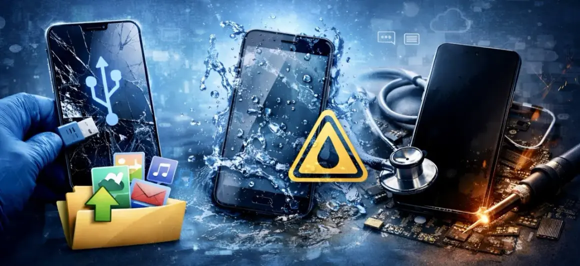 Uszkodzony telefon, zalany wodą, z symbolem ostrzegawczym. Jak zniszczyć telefon?