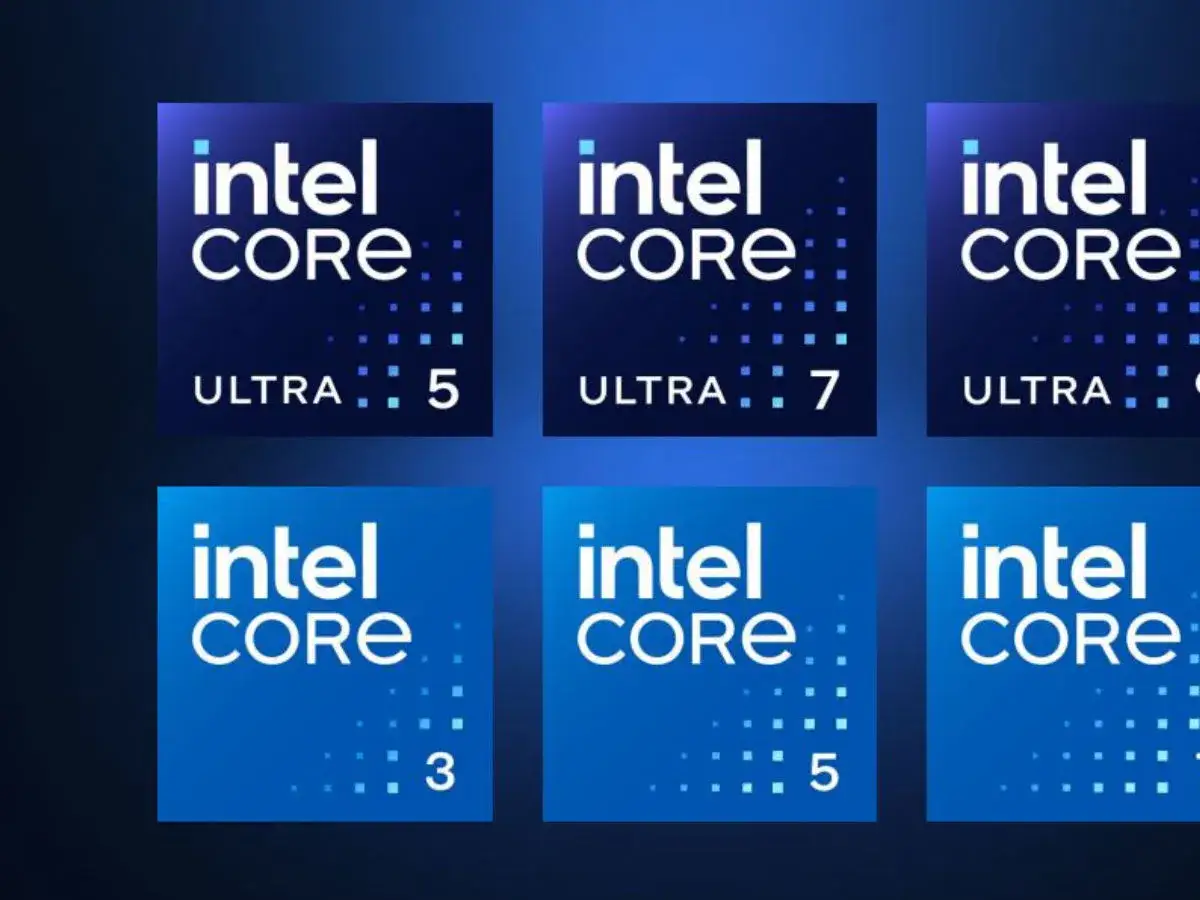 Oznaczenia procesorów Intel Core Ultra 5, 7, 9 oraz Core 3 i 5.