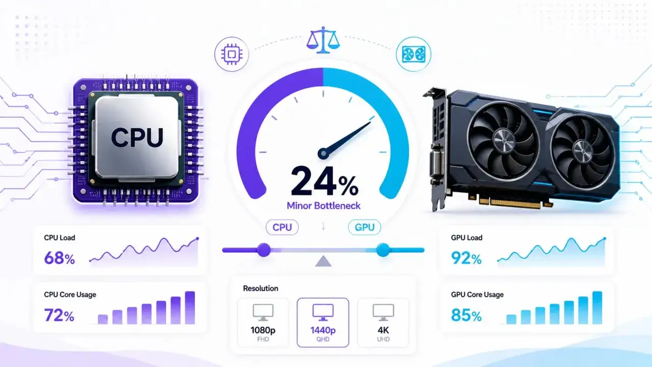 Wizualizacja pokazuje, jak sprawdzić wydajność laptopa: obciążenie CPU 68%, GPU 92%, z 24% wąskim gardłem.